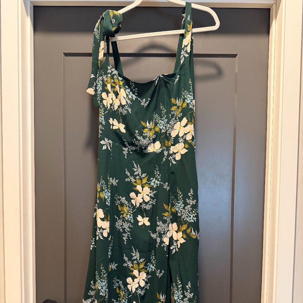 Reformation Dark Green Floral Midi Dress with Cream & Mustard Blooms